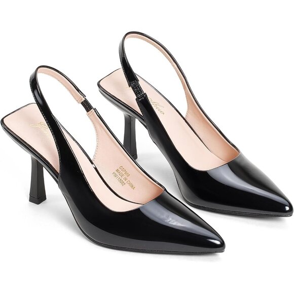 🆕Women's Black Pu Slingback Kitten Heel Pointed Closed Toe Stiletto Pumps Slip - Picture 6 of 6